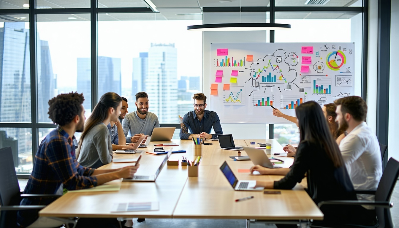 The image depicts a modern office environment with a sleek minimalist design In the foreground a diverse group of professionals is engaged in a brainstorming session around a large conference table which is covered with laptops digital tablets and no