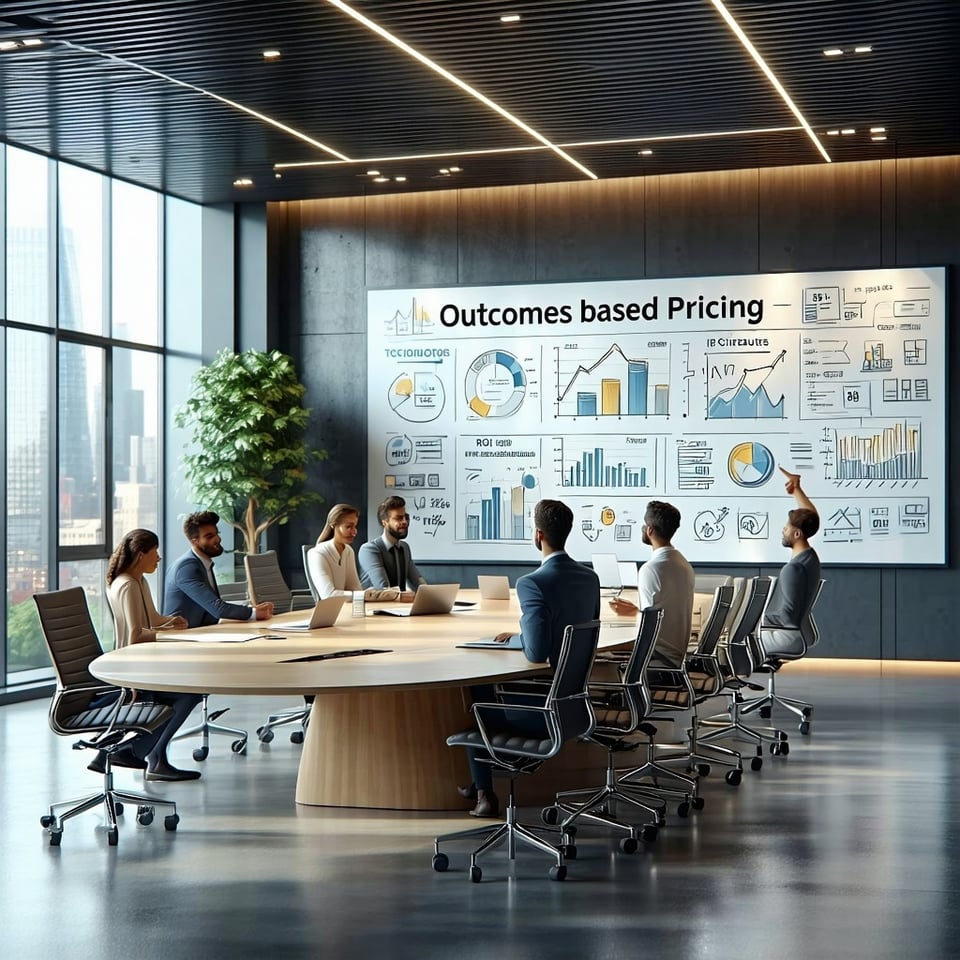 A modern office setting with a sleek conference room featuring a large oval table surrounded by ergonomic chairs A digital screen displays graphs and charts illustrating outcomesbased pricing strategies In the background a wallmounted whiteboard is f